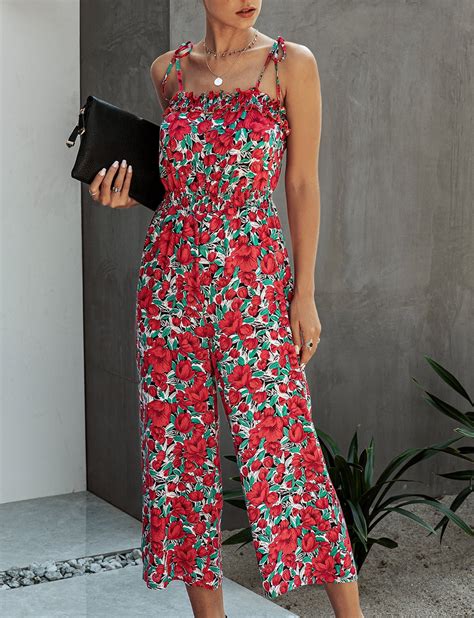 Top She Womens Summer Jumpsuits Flower Print Sleeveless Rompers