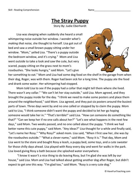 Reading Comprehension Worksheet The Stray Puppy