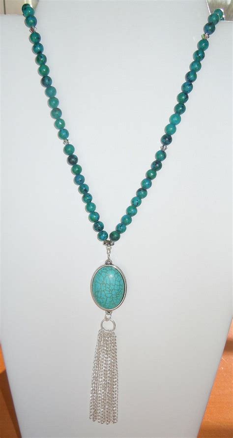 Long Turquoise Beaded Necklace With Pendant And Silver Chain Etsy
