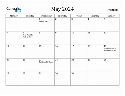 May 2024 Vietnam Monthly Calendar With Holidays