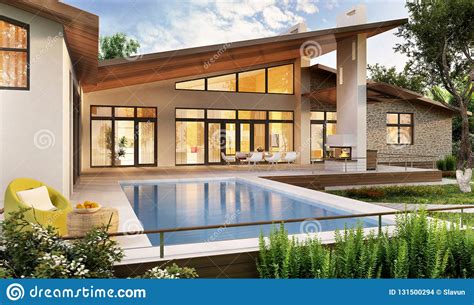 Exterior And Interior Design Of A Modern House With A Pool