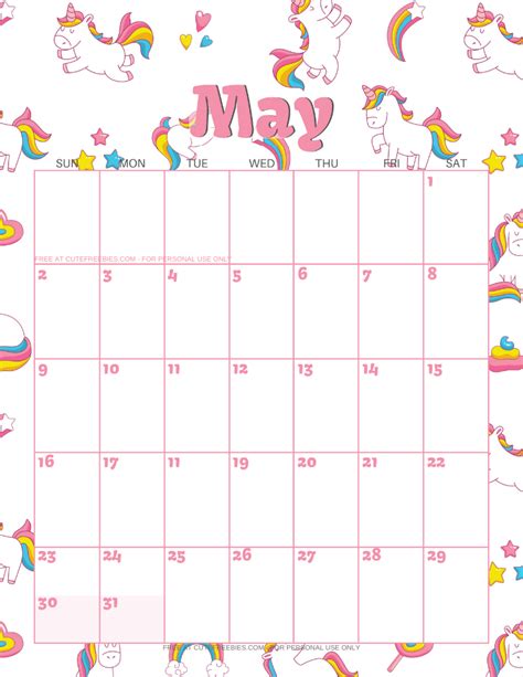 May 2021 Calendar Printable Unicorns Cute Freebies For You