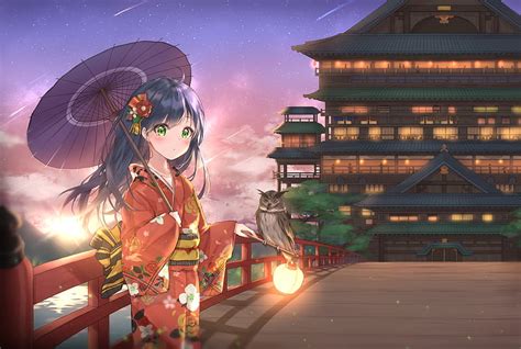 1366x768px 720p Free Download Falling Star Anime Girl Sky Kimono
