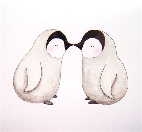 Penguin Love Illustration Print Cute Kiss Grey Pink Black White Home