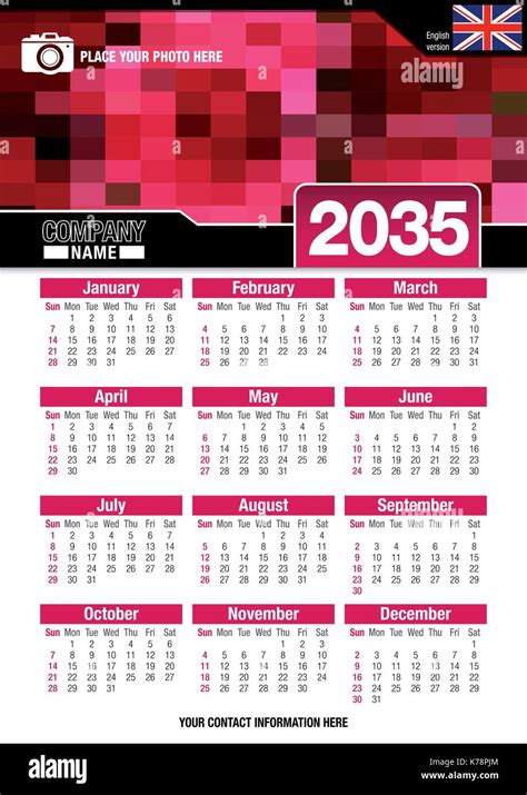 Útil Calendario De Pared 2035 Con Diseño De Colores Rojo Mosaico