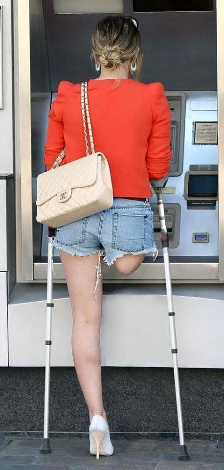 Amputee Lady Wow 3 Prosthetic Leg Crutches Blue Shorts Red And