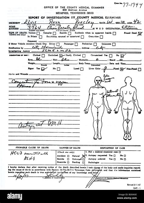 Elvis Presley First Page Of The Autopsy Report Issued By The Memphis