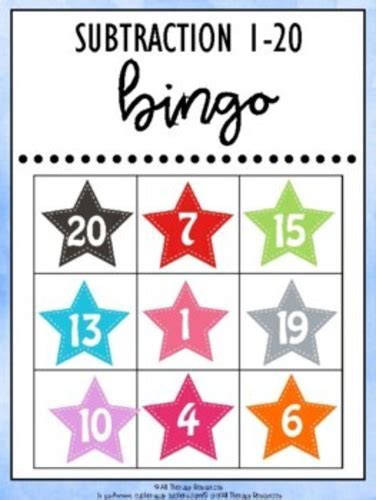 1 And 2 Digit Subtraction Bingo Game Numbers 1 20 Teaching Resources