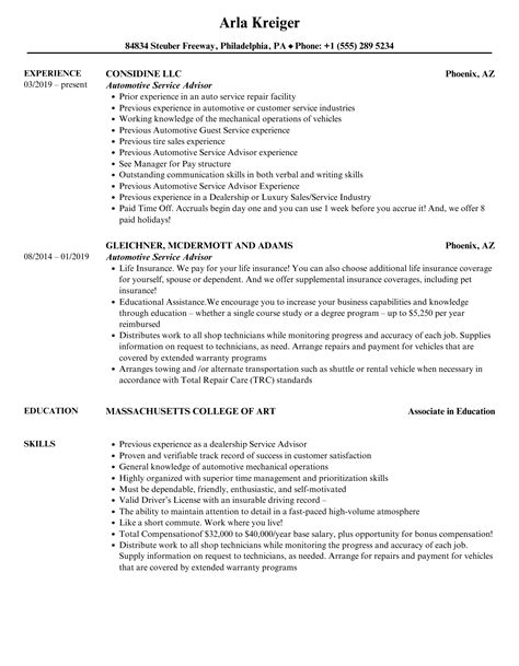 Automotive Service Advisor Resume Samples | Velvet Jobs