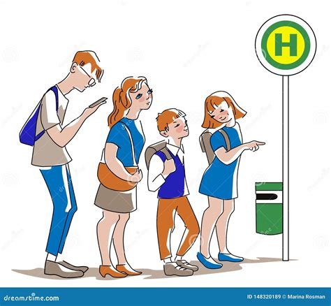 People Waiting For The Bus At Bus Stop In The City In Flat Design Stock Illustration