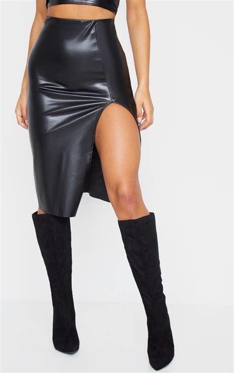 black faux leather extreme split midi skirt prettylittlething usa