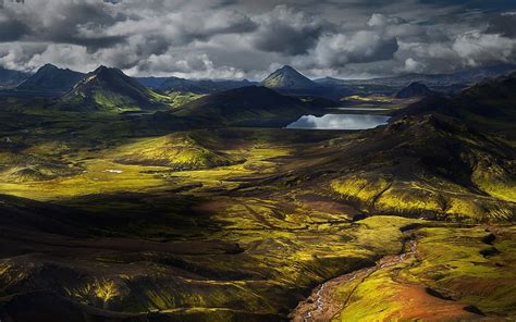 Green Mountains Nature Landscape Iceland Valley Clouds Lake