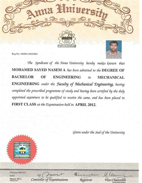 Be Mechanical Degree Certificate