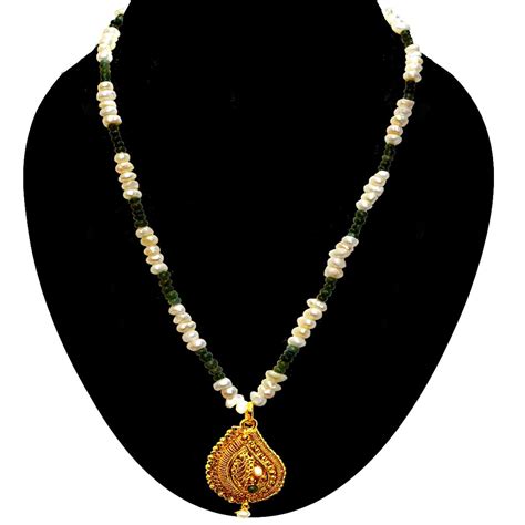 Single Line Real Emerald Freshwater Pearl And Gold Plated Pendant Necklace