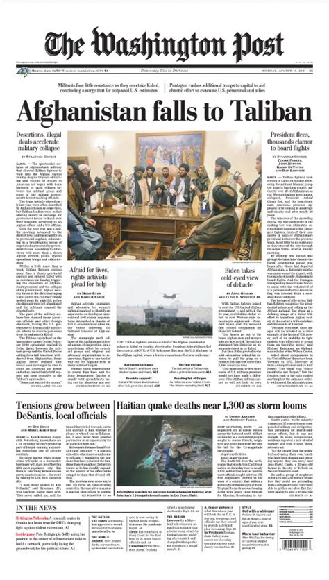 The Front Page Of Mondays Washington Post Afghanistan Falls To