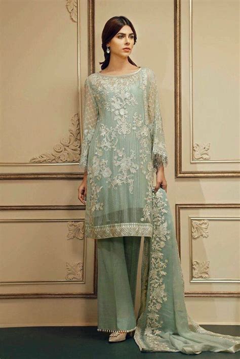Pakistani Party Suit In Chiffon By Chan Tell In Light Turquoise Color