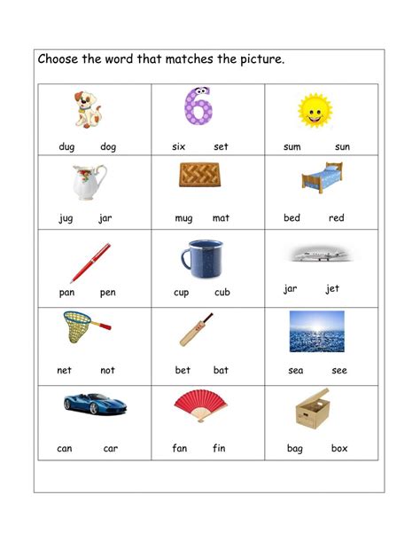 Cvc words pictures and sentences. Matching correct CVC words to pictures worksheet