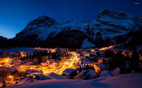 Night Lights In The Snowy Mountain Town Wallpaper World Wallpapers
