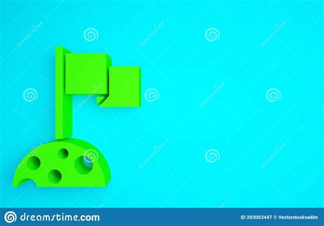 Green Moon With Flag Icon Isolated On Blue Background Minimalism