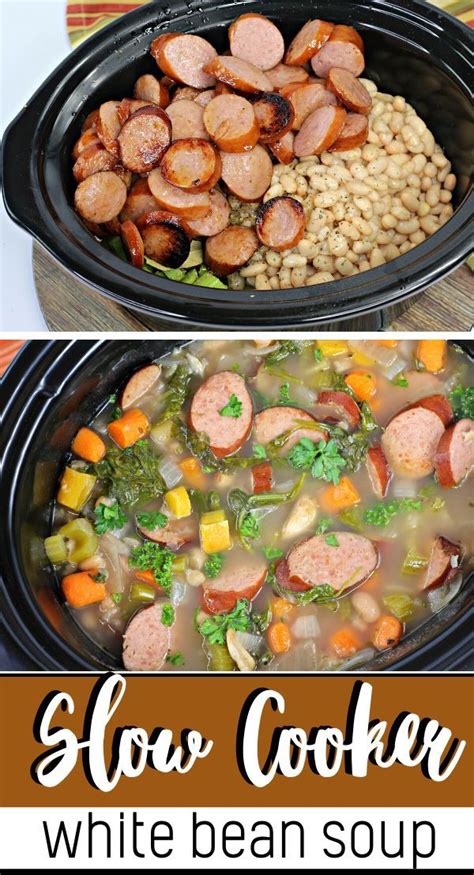 Dried great northern beans, broth, onions, garlic and rosemary spring. This slow cooker bean soup is made with smoked andouille ...