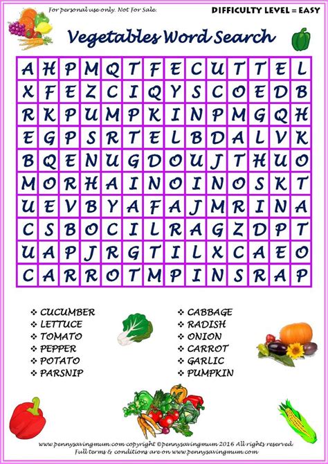 Word Search Vegetables Easy Version PDF - Penny Saving Mum | Easy word