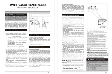 Matsui Tankless Isolation Valve Kit Installation And Prv Maintenance Instructions