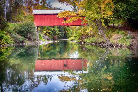 Vermont Fall Colors And Covered Bridge Reflection Photograph By Jeff