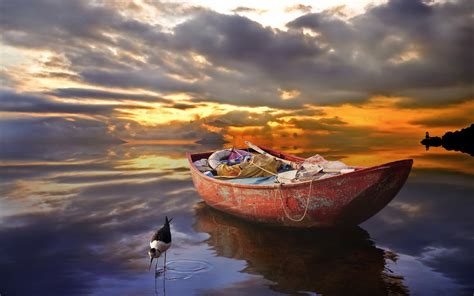 Boat Reflection Lake Sunset Clouds Bird Wallpaper 1920x1200 47101
