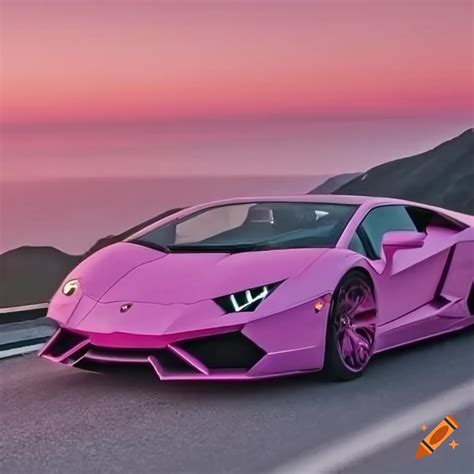 Pink Lamborghini Driving On A Mountain Road At Sunset On Craiyon