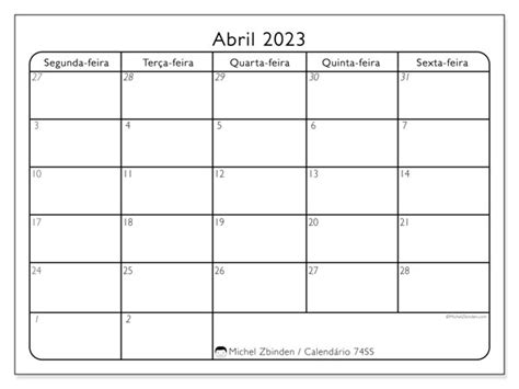 Calendário De Abril De 2023 Para Imprimir “74sd” Michel Zbinden Mo