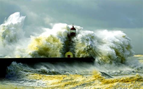 Lighthouse Storm Sea Coast Waves Wallpaper Travel