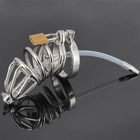 304 real stainless steel male chastity device men cock cage with urethral catheter tube and anti