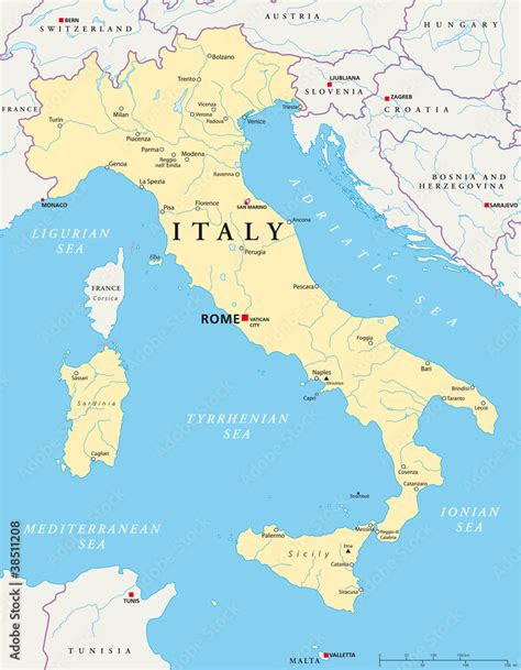 Italy Political Map With Capital Rome The Vatican And San Marino