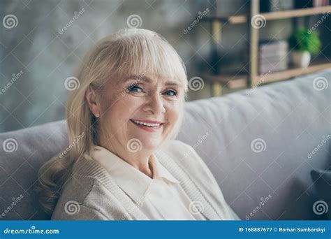 Closeup Photo Of Amazing Adorable Aged Granny Homey Good Mood Toothy