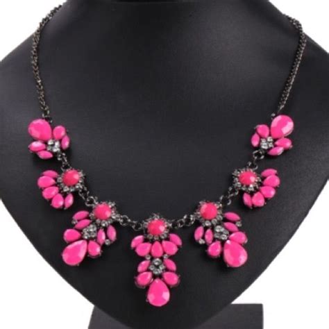 Hot Pink Statement Necklace Pretty Pink Necklace With Dark Metal Chain
