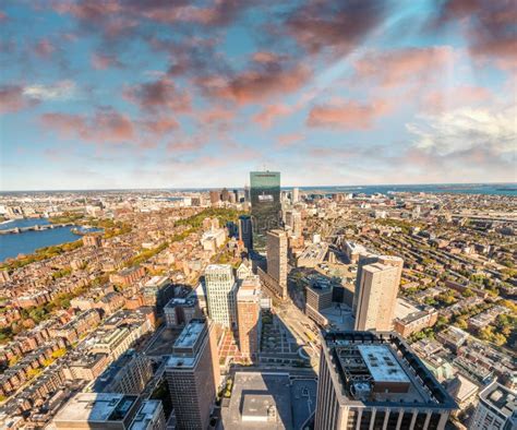 Aerial View Of Boston Skyline At Sunset Ma Usa Stock Image Image