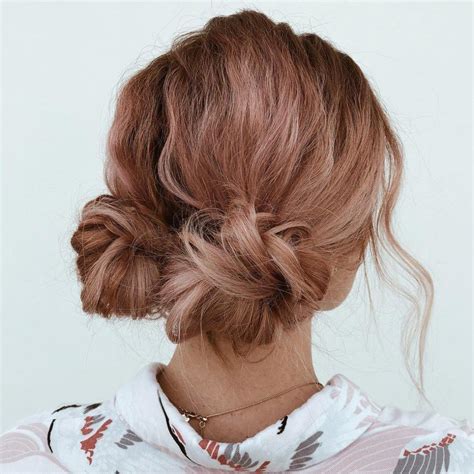 Two Messy Low Buns Updo Hair Pictures Work Hairstyles Medium Length