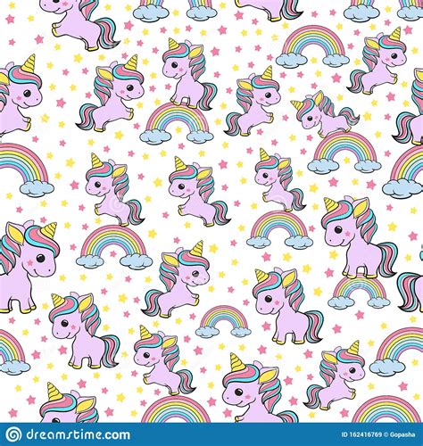 Vector Seamless Pattern With Cute Unicorns Cloudsrainbow And Stars