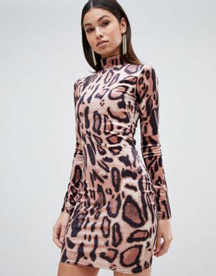 Club L High Neck Leopard Print Mini Bodycon Dress In Velvet Asos