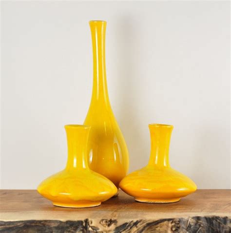 Set Of 3 Bright Yellow Vases Mid Century