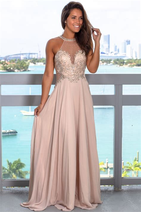 Champagne Halter Neck Jeweled Maxi Dress Maxi Dresses Saved By The