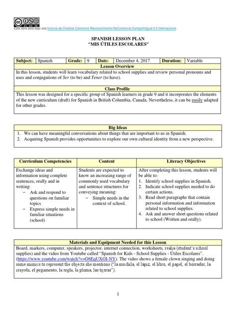 Spanish Lesson Plan School Supplies Pdf Question Spanish Language