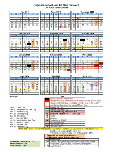 2019 2020 School Year Calendar 2nd Revision Regional School Unit 24