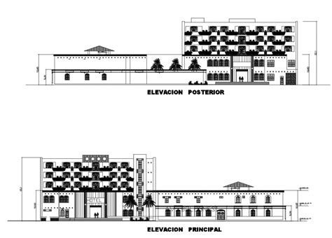 Hotel Multi Story Main And Back Elevation Cad Drawing Details Dwg File