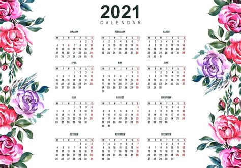 Free Vector Beautiful 2021 Calendar With Colorful Floral Design
