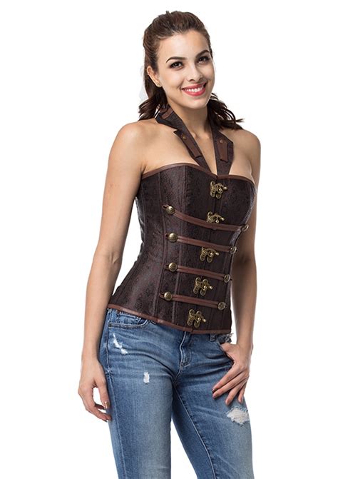 hot sale brown leather corset women collar zipper gothic steampunk corset top trainer overbust