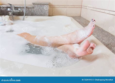 Beautiful Girl Showering And Washing Legs In Bathtub Stock Image Image Of Caucasian Portrait