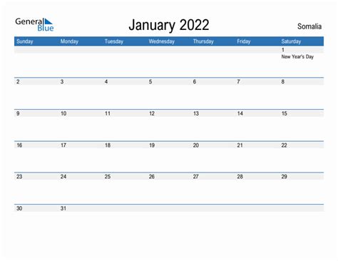 January 2022 Calendar With Somalia Holidays