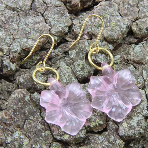 Handmade Earrings Gold Brass Lucite Pink Flowers Flower Etsy