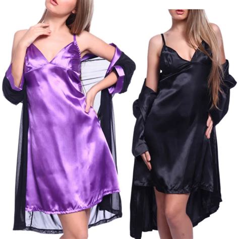 3 Pieces Women Sexy Satin Lingerie Robe Dress Panties Sets Sleepwear
